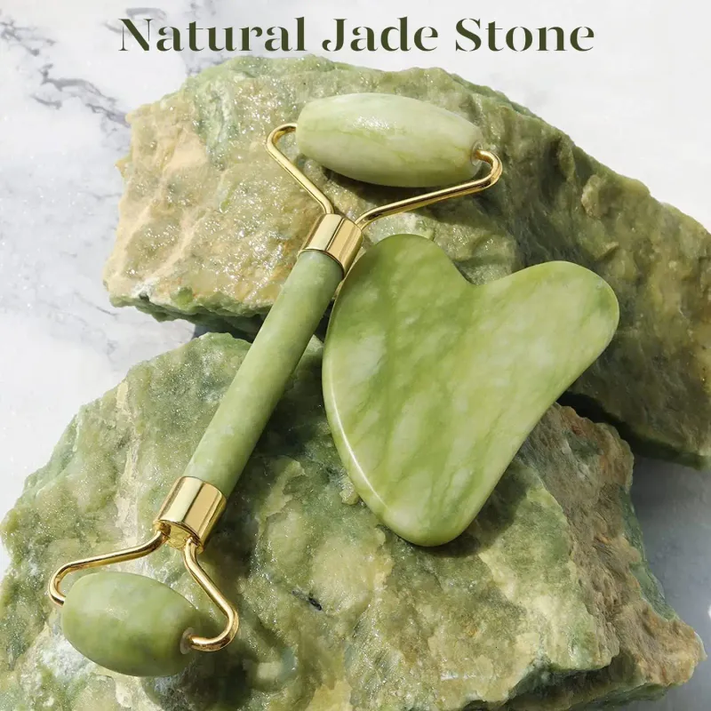 Jade Gua Sha & Rose Quartz Face Roller Set 6