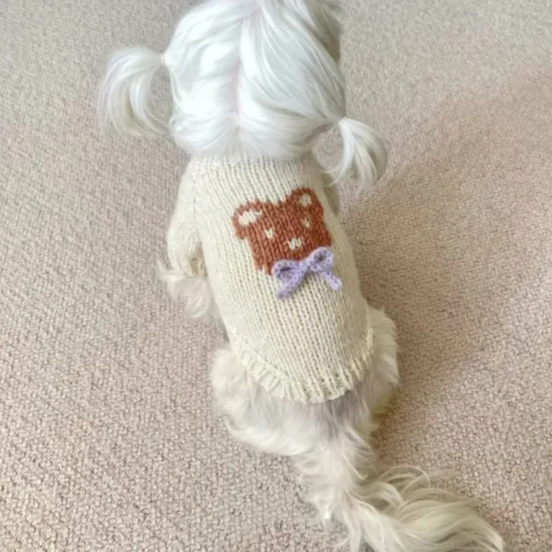Beige Bear Bow Knit Dog Hoodie Sweater 1