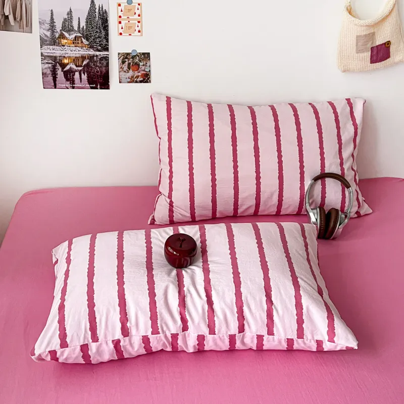 Pink Striped Cotton Duvet Cover Set 3pc 5