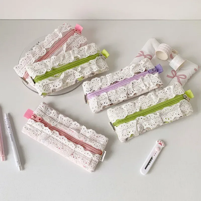 Lace Pencil Case for Student Girl Ruffle Cute Korean Makeup Stationery Organizer Bag Portable Pouch Back To School Kawaii Gift 2