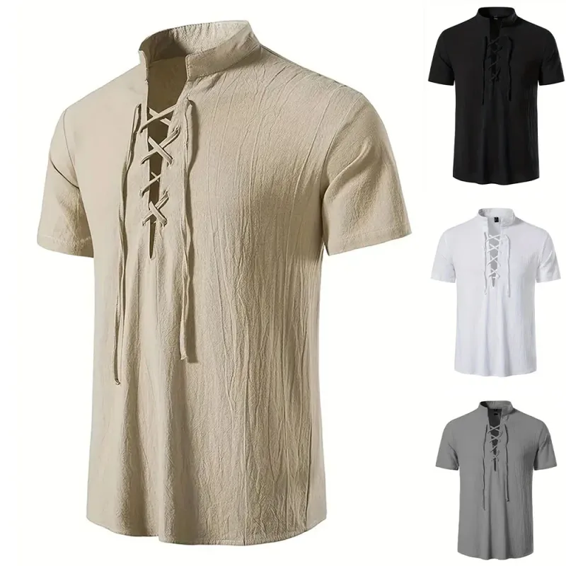 Men's Retro Cotton Linen V-Neck Shirt 1
