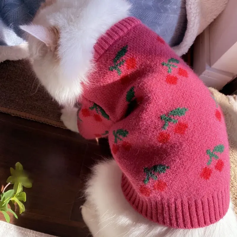 Cherry Print Knitted Winter Dog Sweater 3