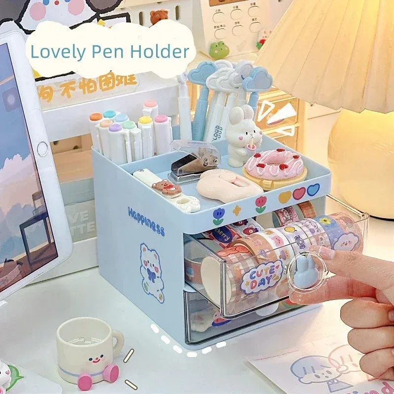 Cute Pen Desk Holder Storage Box Organizer Girl Drawer-type Desktop Student Stationery Handbook Nine Grids Storage Box 4