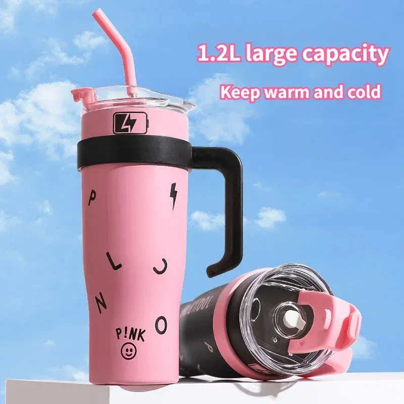 New Tumbler with Handle and Straw Lid Vacuum Insulated Water Bottle Straw Cover Silicone Boot Leak-proof Travel Coffee Cup 40Oz 4