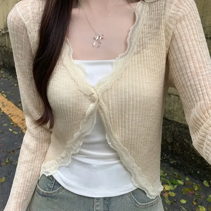 Lace Trim Ribbed Knit Crop Cardigan 5