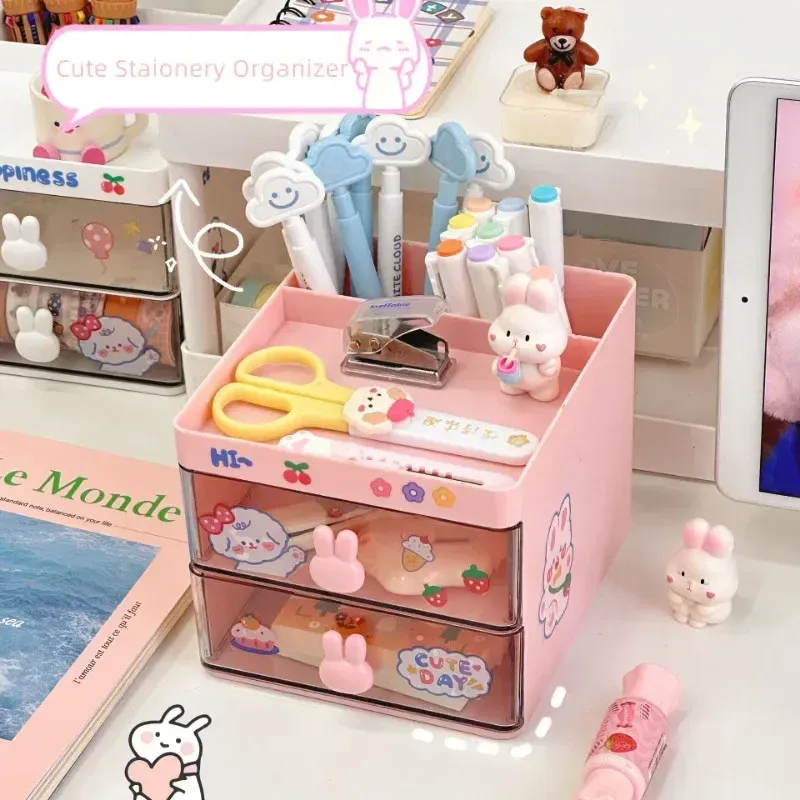 Cute Pen Desk Holder Storage Box Organizer Girl Drawer-type Desktop Student Stationery Handbook Nine Grids Storage Box 2