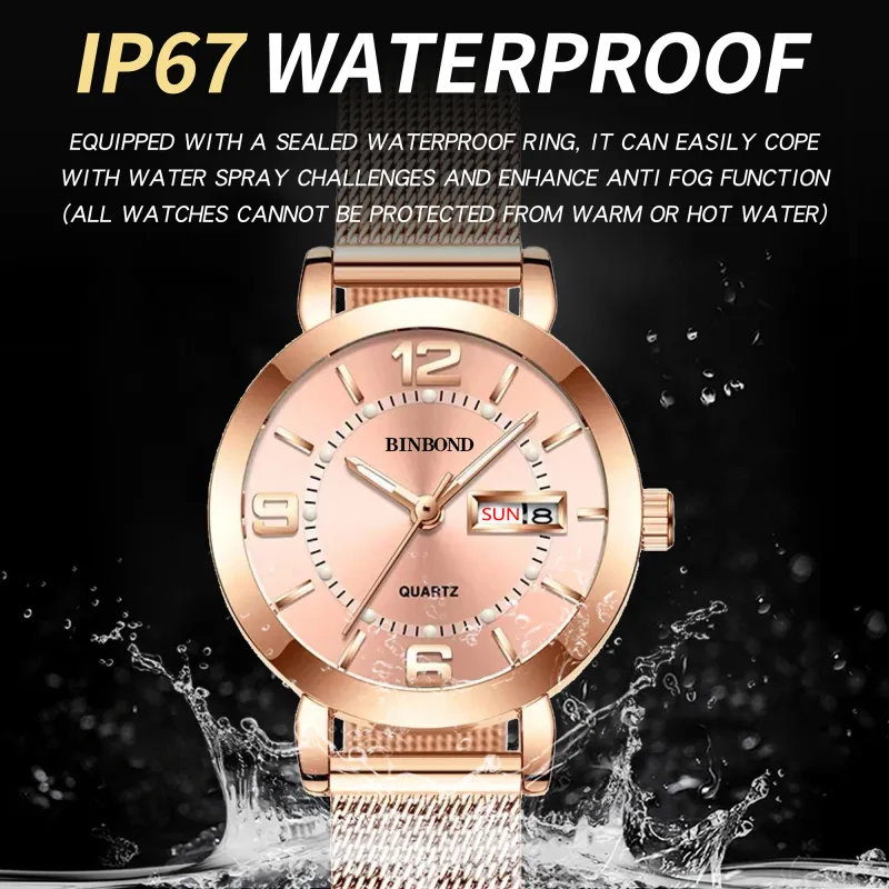 BINBOND Women's Luminous Auto Date Quartz Watch 5