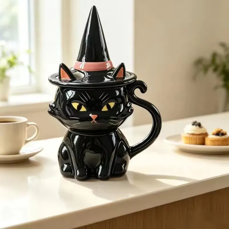 Black Cat Witch Hat Lid Halloween Mug 2