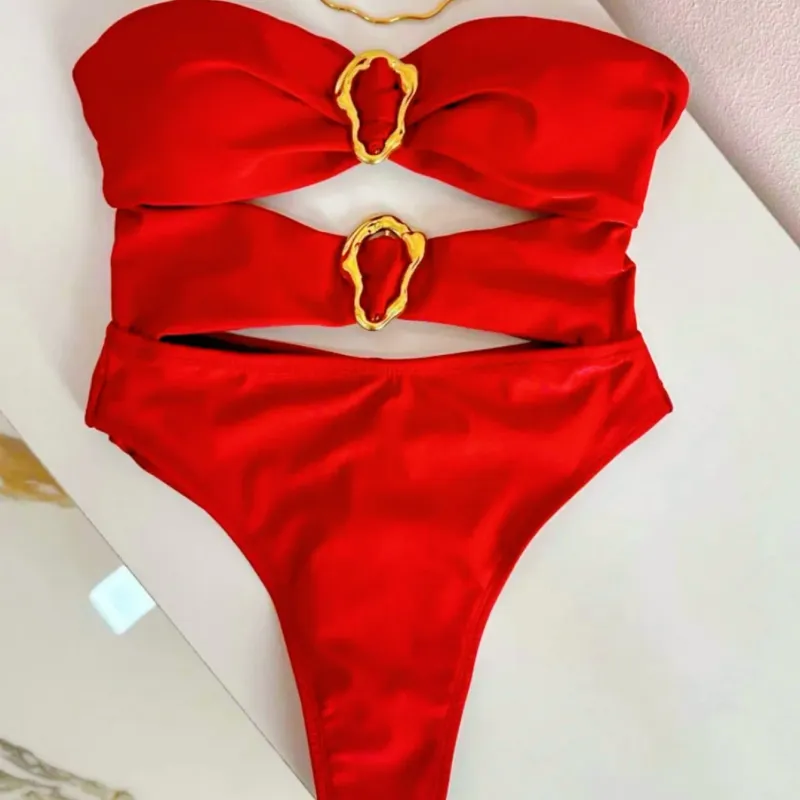 Metal Ring Cut Out Bandeau One Piece Swimsuit 4