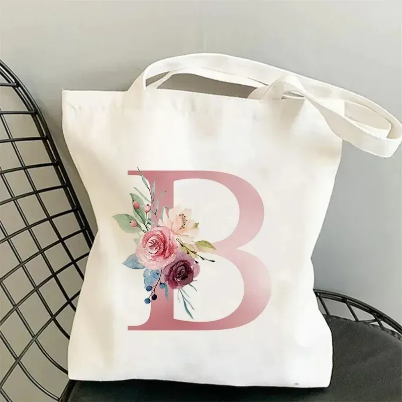 Pink Flower Letter Canvas Shoulder Bag 3