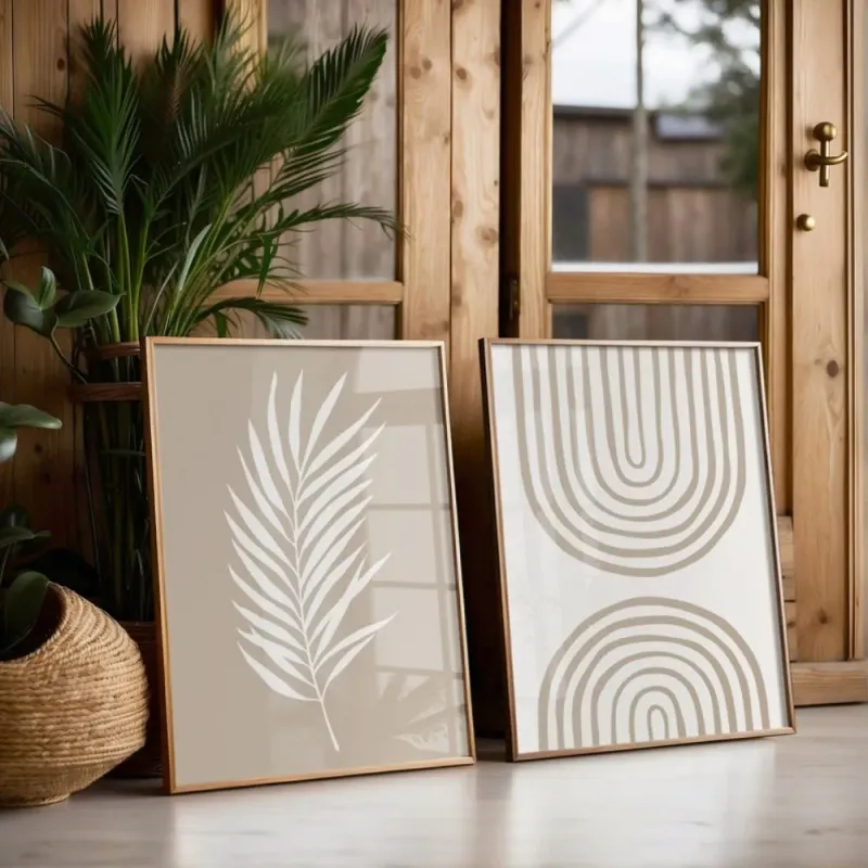 Beige Boho Palm Leaf Print Set of 2 1
