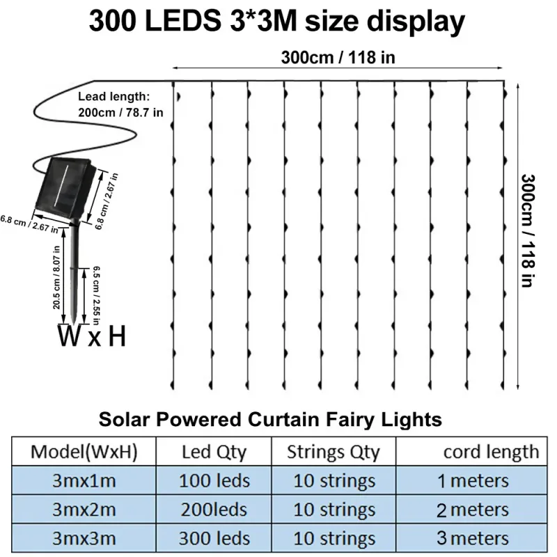 Solar Curtain LED String Lights 300 LEDs 6