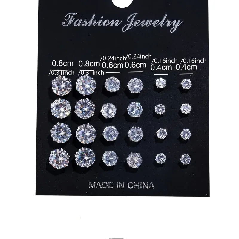 12 Pairs Zircon Stud Earrings Set 2