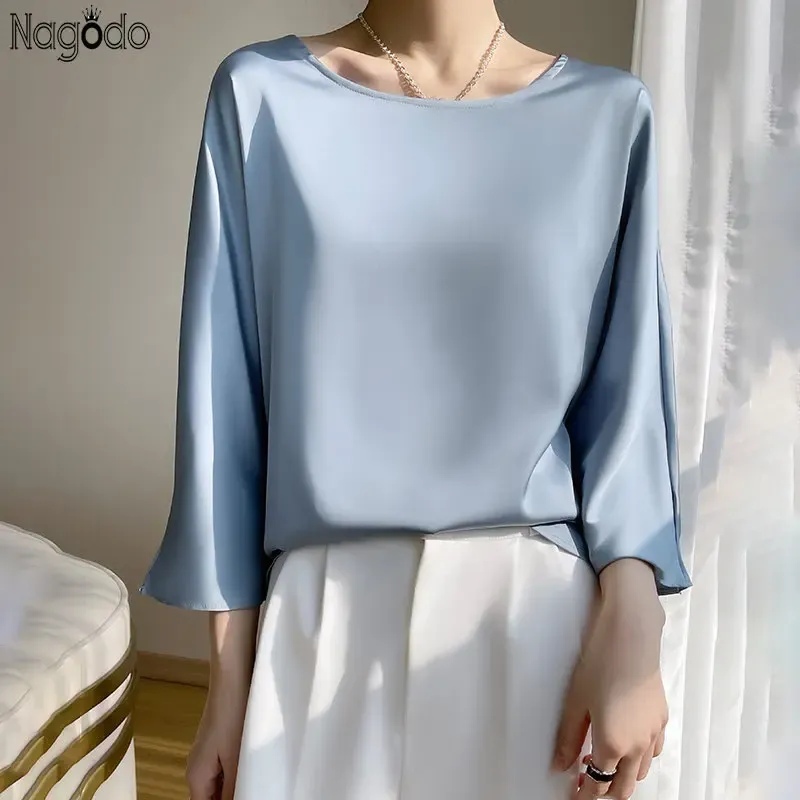 Plus Size Silk Satin O-Neck Blouse 2