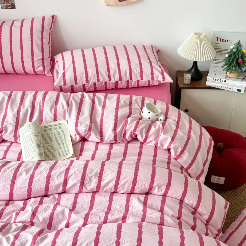 Pink Striped Cotton Duvet Cover Set 3pc 4