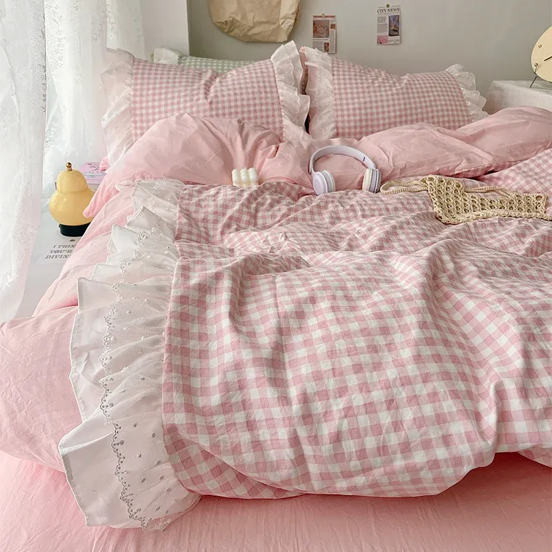 Pink Plaid 3-Piece Duvet Cover Set 4
