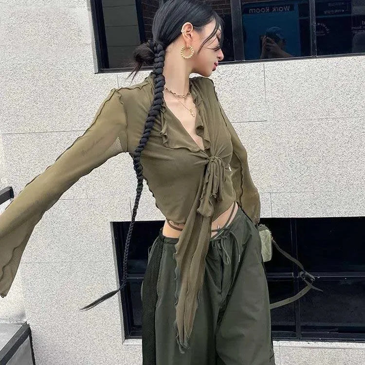 Lace-Up Mesh Flare Sleeve Blouse 3