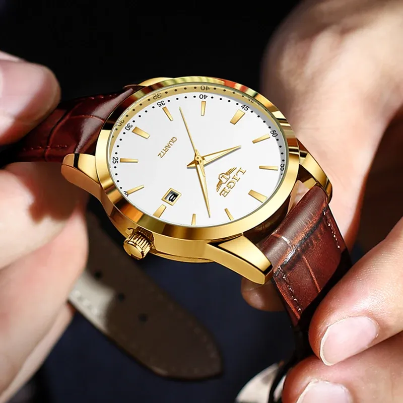 LIGE Men's Brown Leather Chronograph Watch 1