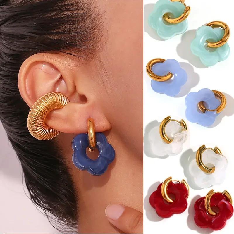 Colorful Flower Resin Hoop Earrings 1