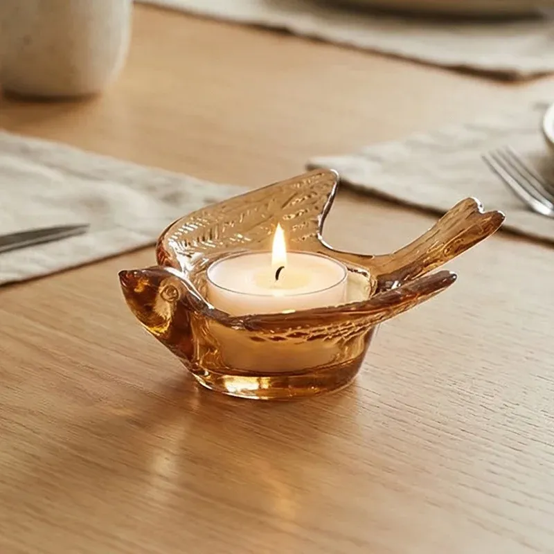 Amber Glass Bird Tealight Holders 5