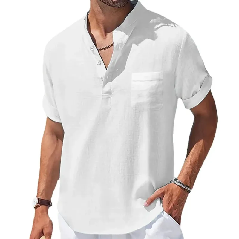 Cotton Linen Henry Collar T-Shirt 4