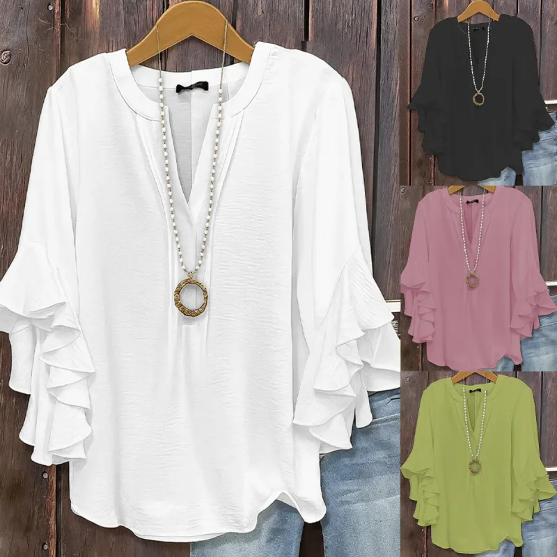 Women's V Neck Ruffle Chiffon Blouse 1