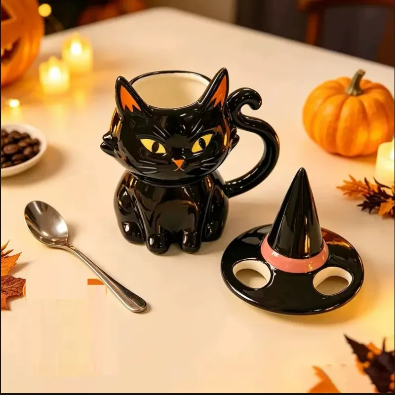 Black Cat Witch Hat Lid Halloween Mug 3