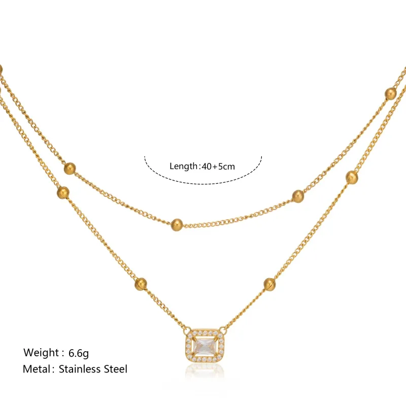 Double Layer Bead Chain Zircon Pendant Necklace 2