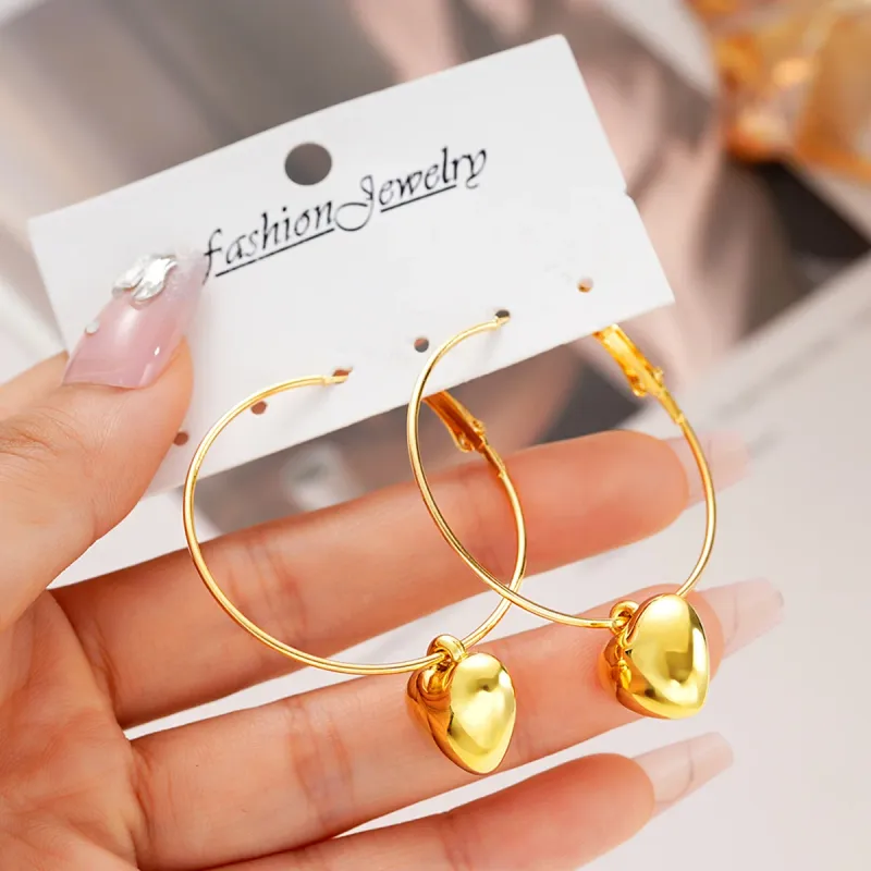 Gold Heart Drop Hoop Earrings 3