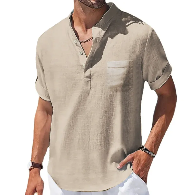 Cotton Linen Henry Collar T-Shirt 5