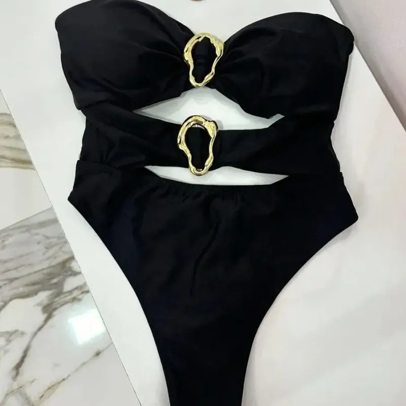 Metal Ring Cut Out Bandeau One Piece Swimsuit 1