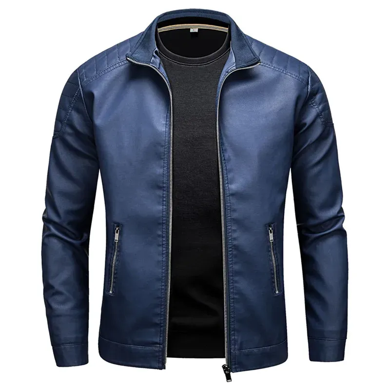 Men's Slim Fit Stand Collar Leather Jacket 6