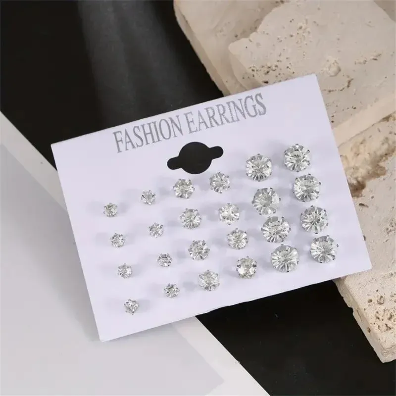 12 Pairs Zircon Stud Earrings Set 4