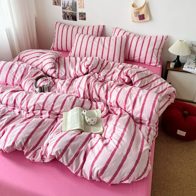 Pink Striped Cotton Duvet Cover Set 3pc 2