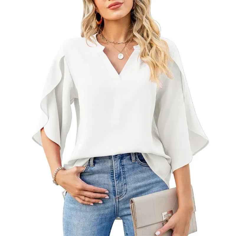 Women Summer Chiffon V-Neck Flare Sleeve Blouse 5