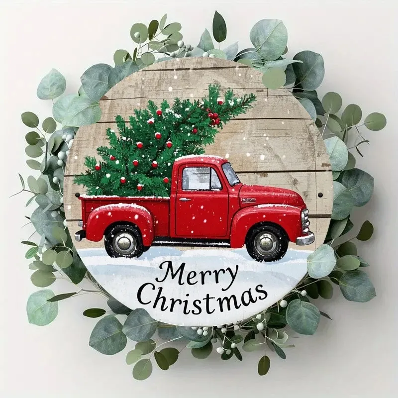 Vintage Red Truck Christmas Wreath Metal Sign 3