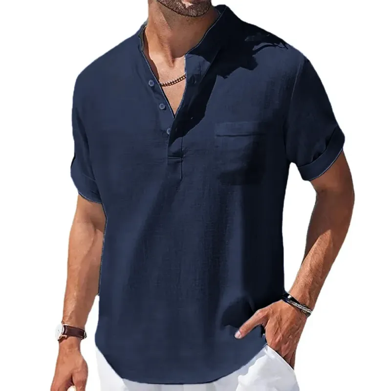 Cotton Linen Henry Collar T-Shirt 1
