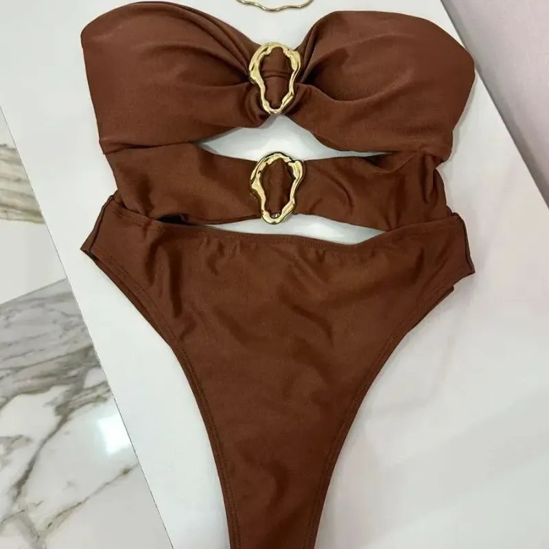 Metal Ring Cut Out Bandeau One Piece Swimsuit 6