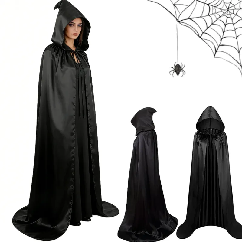Hooded Witch Cape Cloak - Unisex Black Robe 1