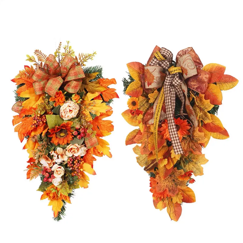 Thanksgiving Fall Wreath with Pumpkins & Maple Leaves 6