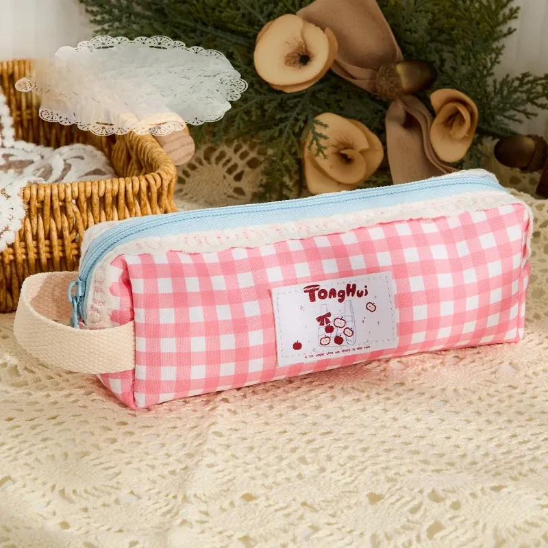 1 Piece Korean Fashion Causal Pencil Pouch for Kids Girl Lace Ruffle Sweet Plaid Stationery Organizer Back To School Student 5