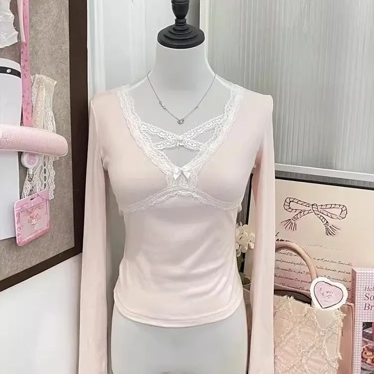 Pink Lace Bow V-neck T-shirt 5