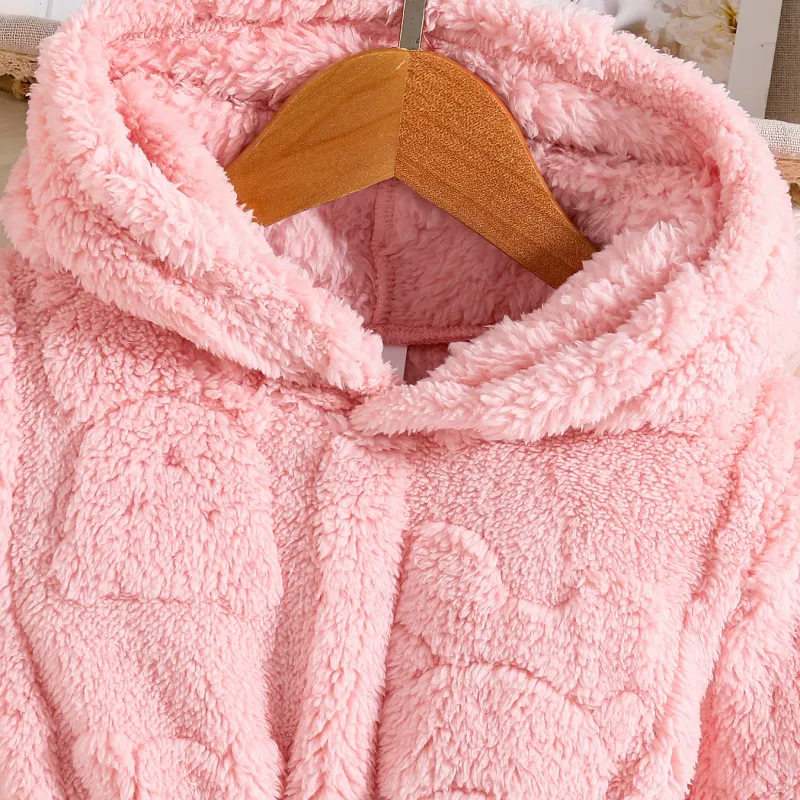 Girls Pink Velvet Hooded Coat 3
