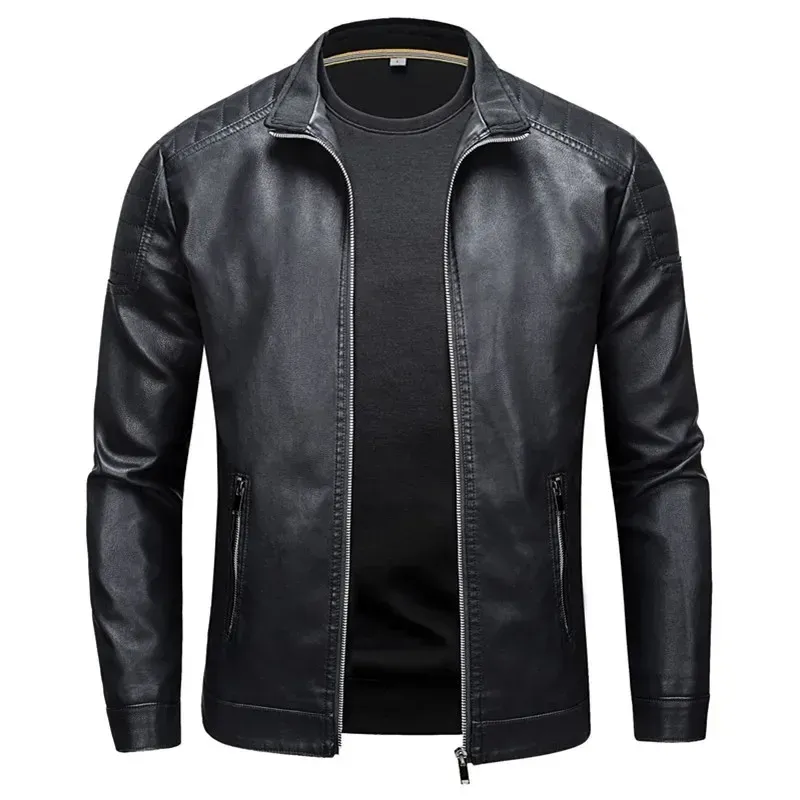 Men's Slim Fit Stand Collar Leather Jacket 1