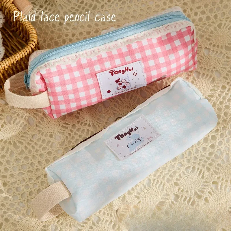 1 Piece Korean Fashion Causal Pencil Pouch for Kids Girl Lace Ruffle Sweet Plaid Stationery Organizer Back To School Student 2