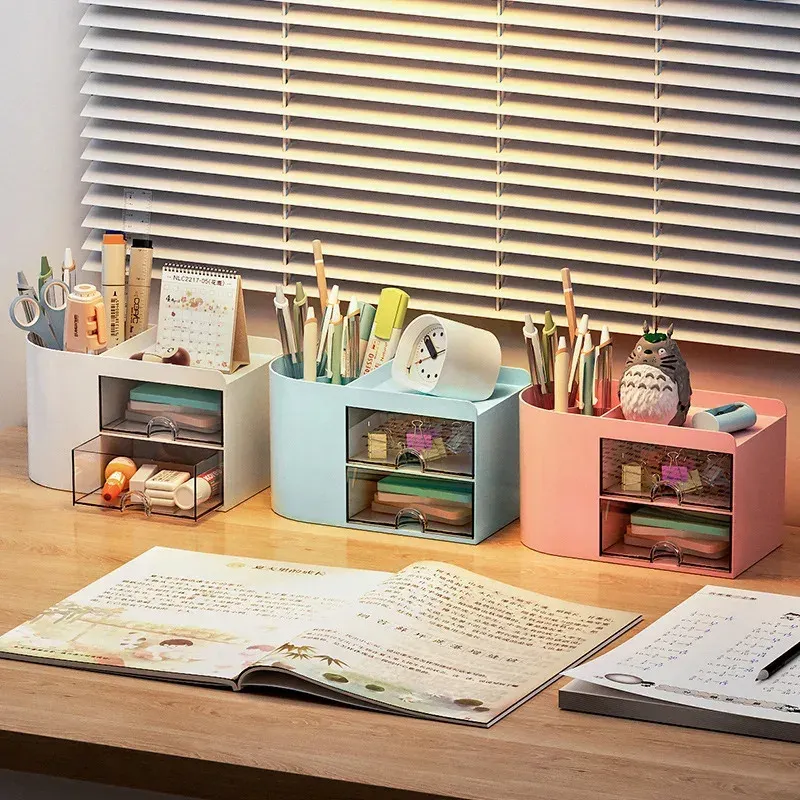 Simple Pen Holder With Drawer Multifunction Desktop Organizer Stationery Storage Box Student Office Desk Decorations 4