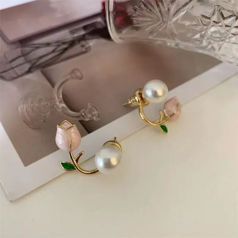 Pink Tulip Pearl Stud Earrings with Zircon 5