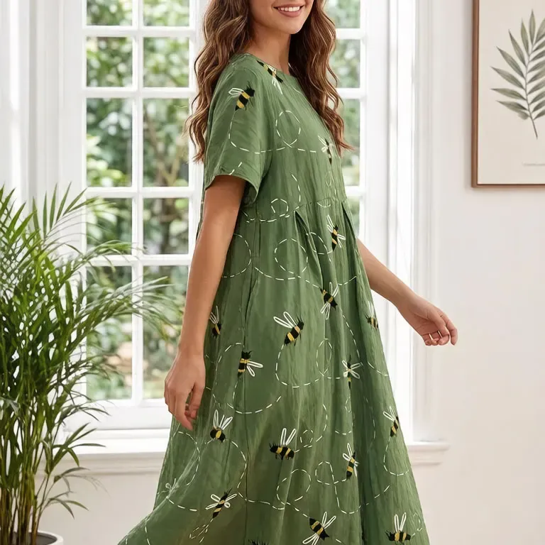 Green Bee Print A-Line Midi Dress 3