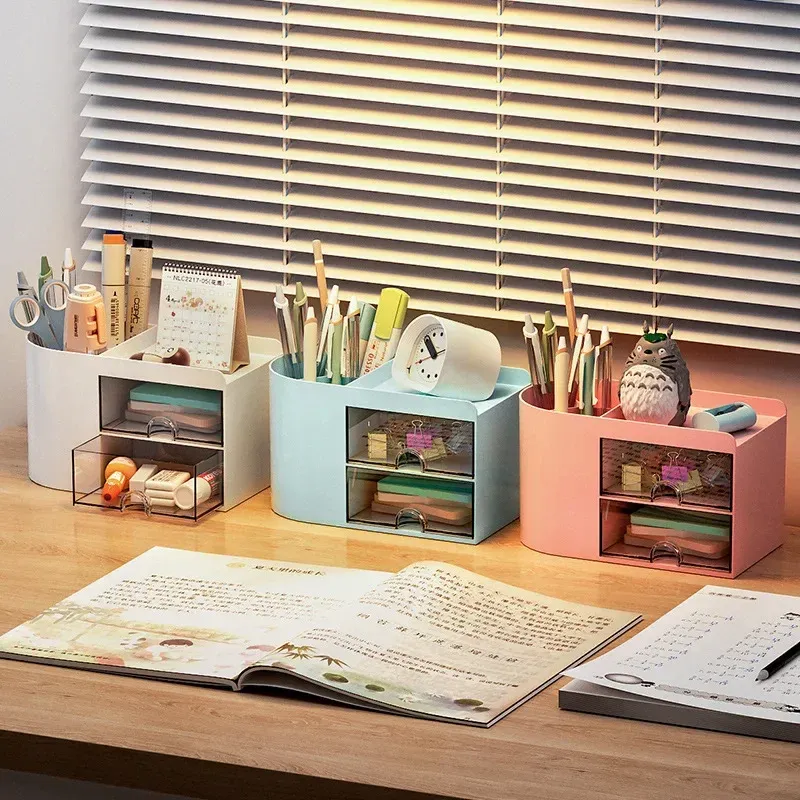 Simple Pen Holder With Drawer Multifunction Desktop Organizer Stationery Storage Box Student Office Desk Decorations 4