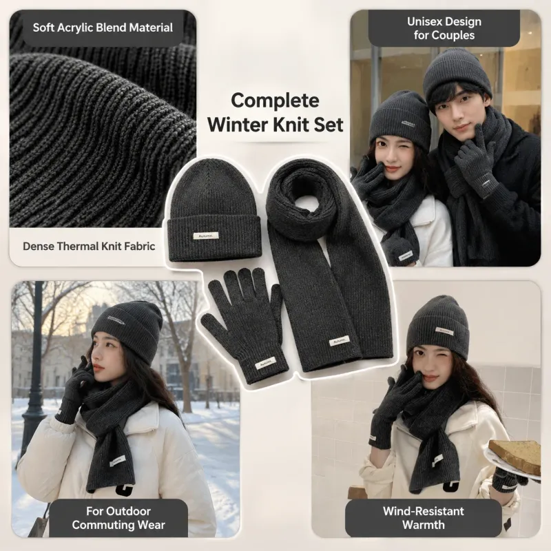 Winter Knit Beanie Scarf Gloves Set 4
